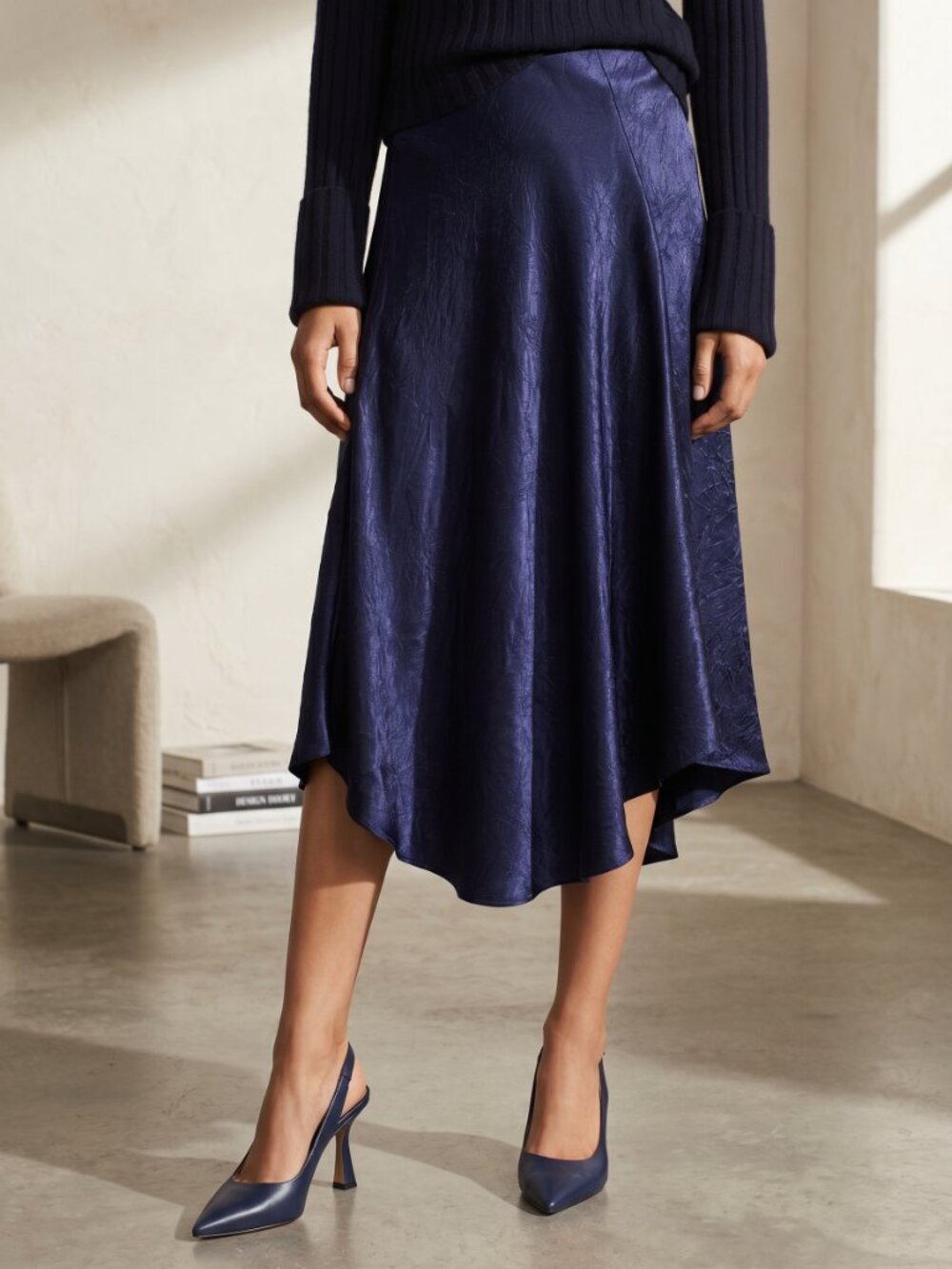 NWT Vince Ink Blue Asymmetric Bias Satin Skirt Size S $255